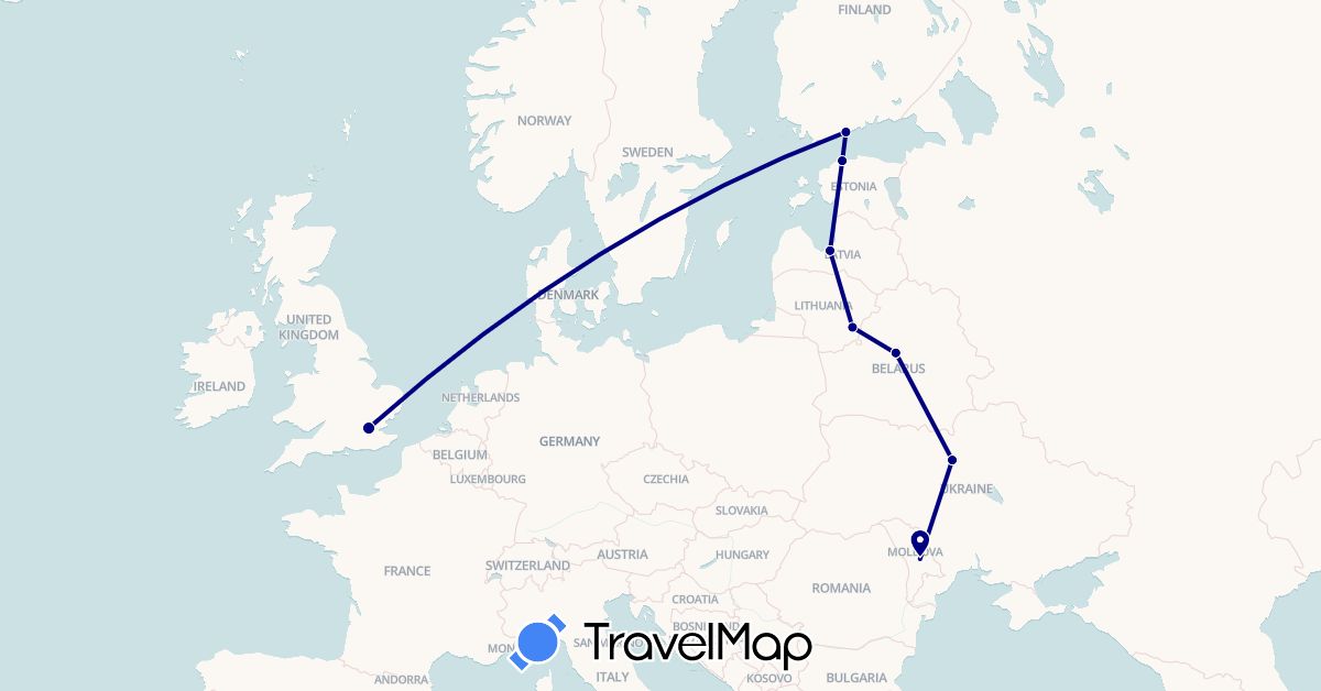 TravelMap itinerary: driving in Belarus, Estonia, Finland, United Kingdom, Lithuania, Latvia, Moldova, Ukraine (Europe)