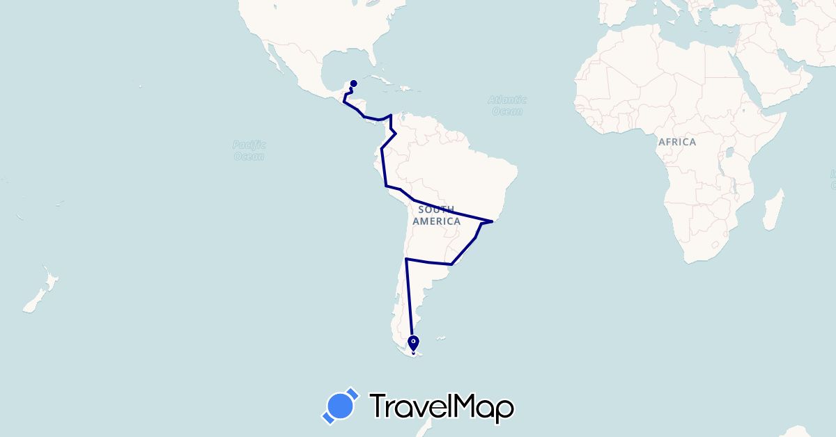 TravelMap itinerary: driving in Argentina, Bolivia, Brazil, Belize, Chile, Colombia, Costa Rica, Ecuador, Guatemala, Mexico, Nicaragua, Panama, Peru, Uruguay (North America, South America)